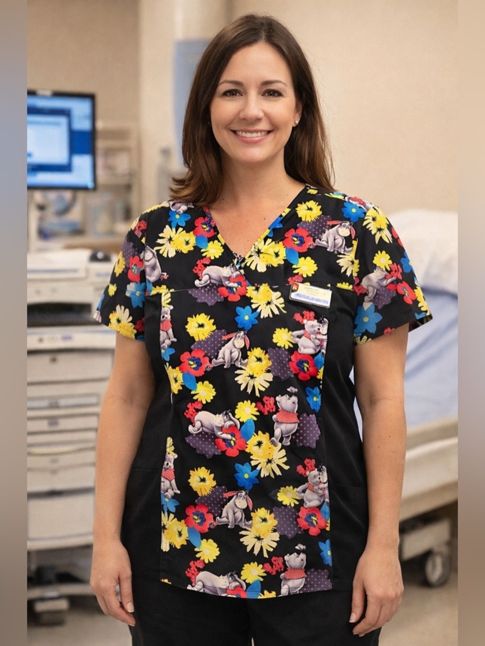 Disney Eeyore & Pooh Floral Scrub Top XL Black Nurse Healthcare